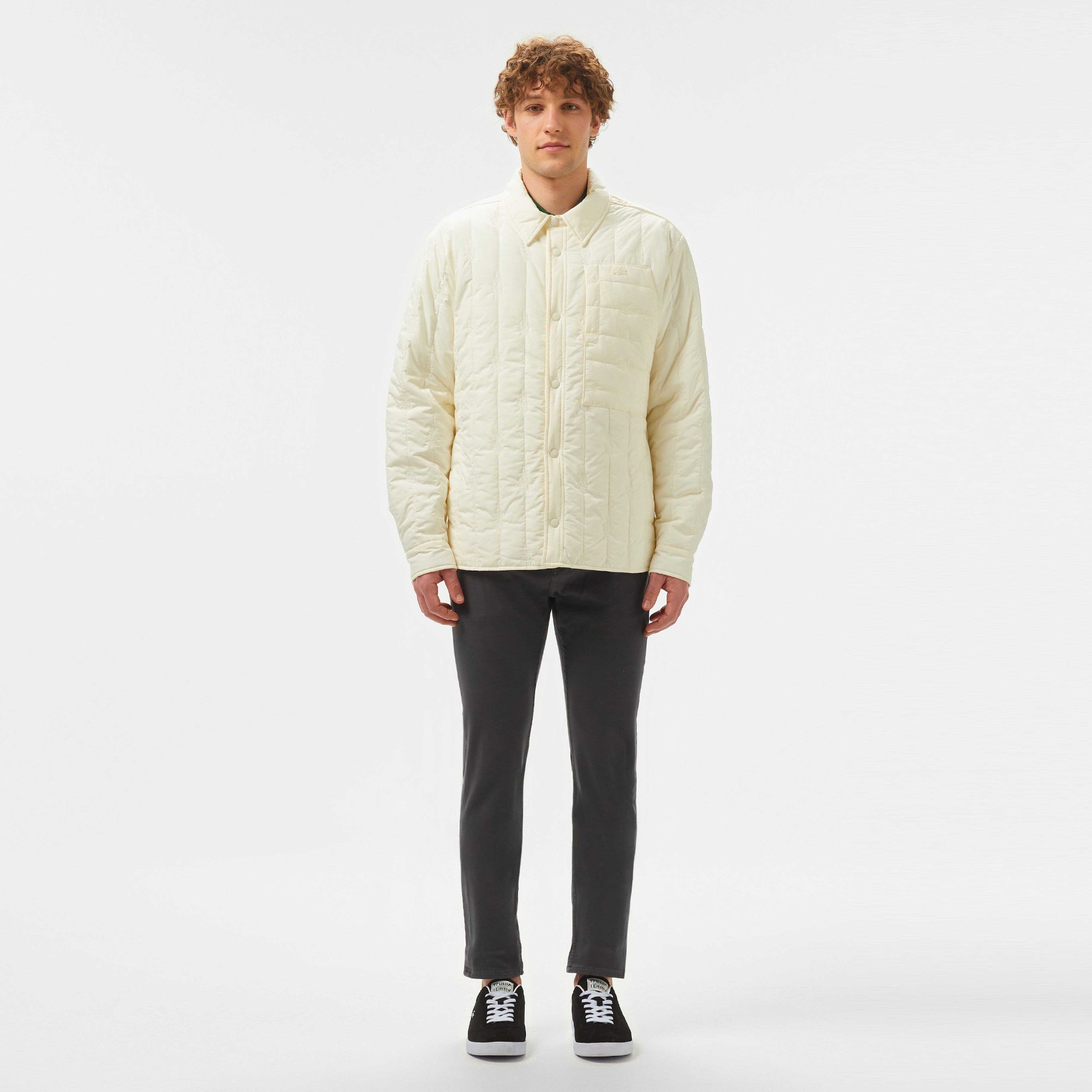 Lacoste Erkek Relaxed Fit Gömlek Yaka Desenli Beyaz Ceket