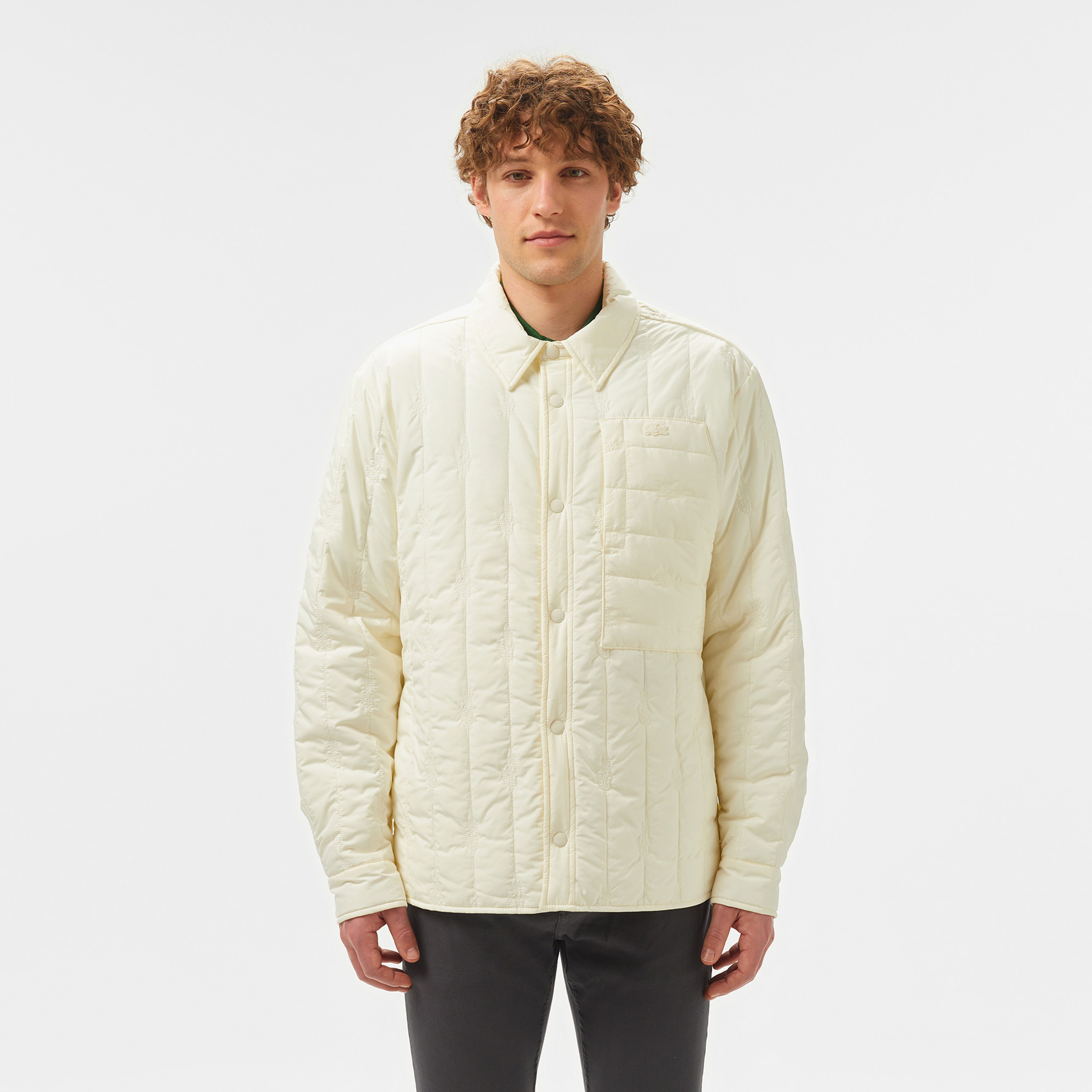 Lacoste Erkek Relaxed Fit Gömlek Yaka Desenli Beyaz Ceket
