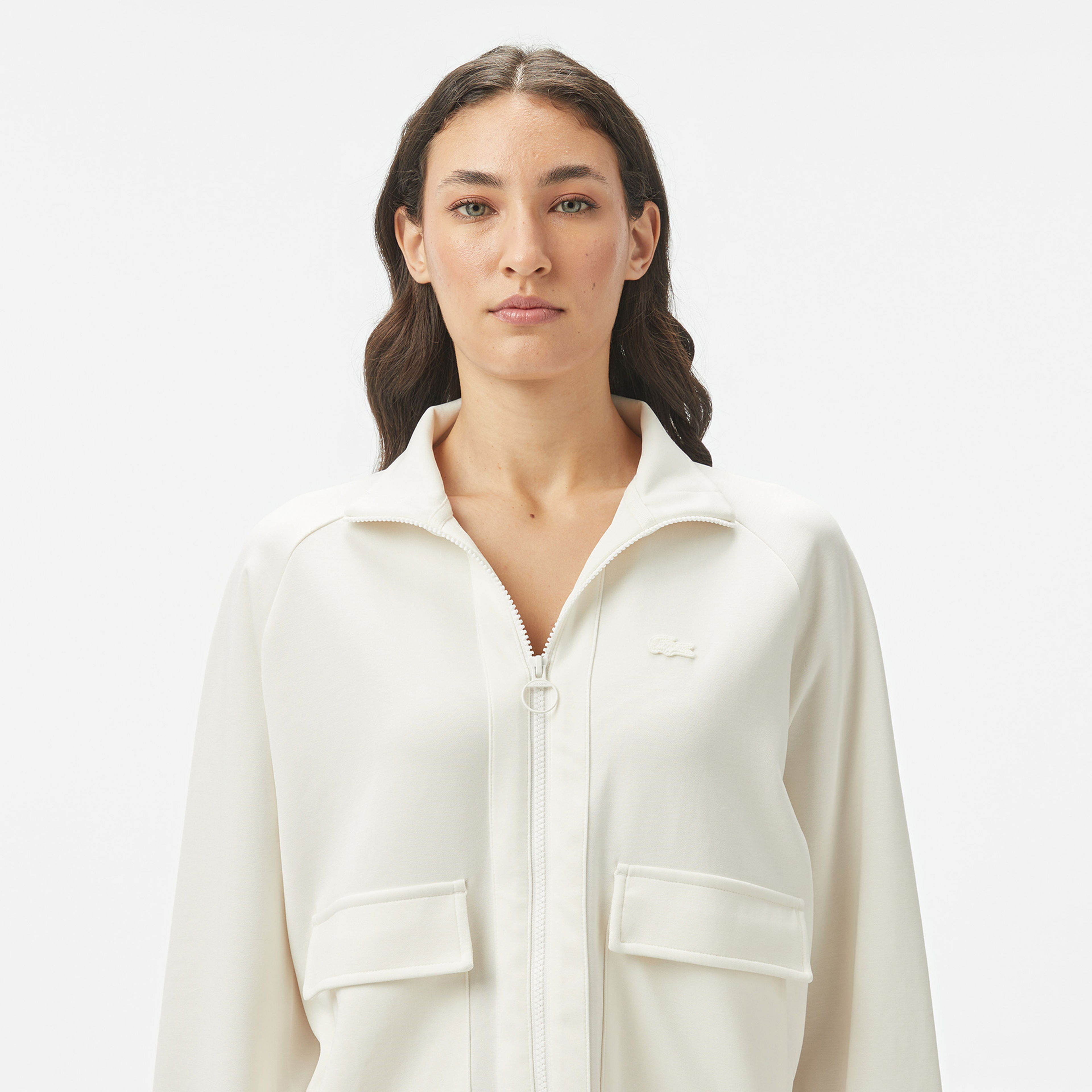 Lacoste Kadın Loose Fit Fermuarlı Beyaz Sweatshirt