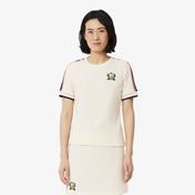 Lacoste Kadın Slim Fit Bisiklet Yaka Renk Bloklu Krem T-Shirt