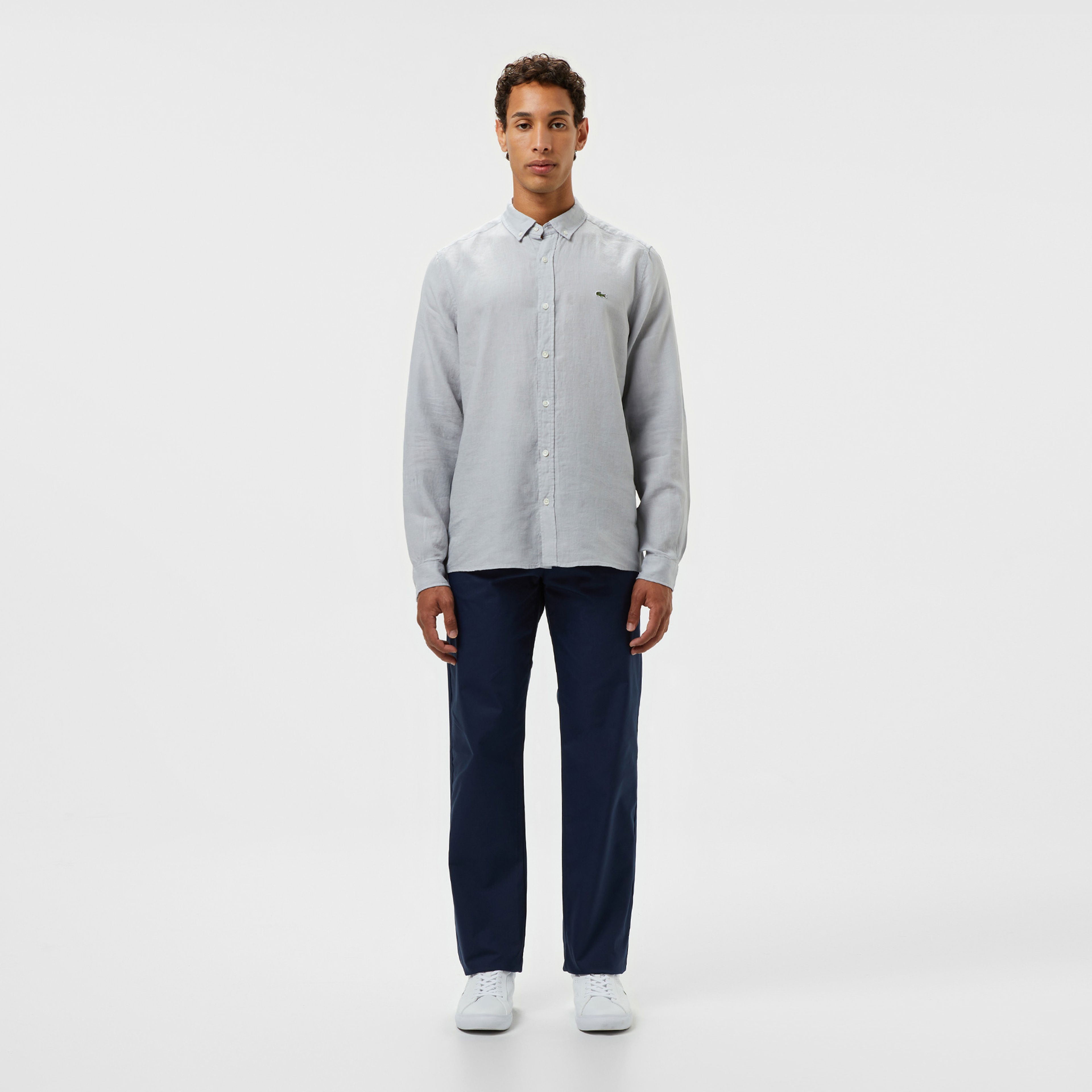 Lacoste Erkek Regular Fit Düğmeli Yaka Keten Gri Gömlek