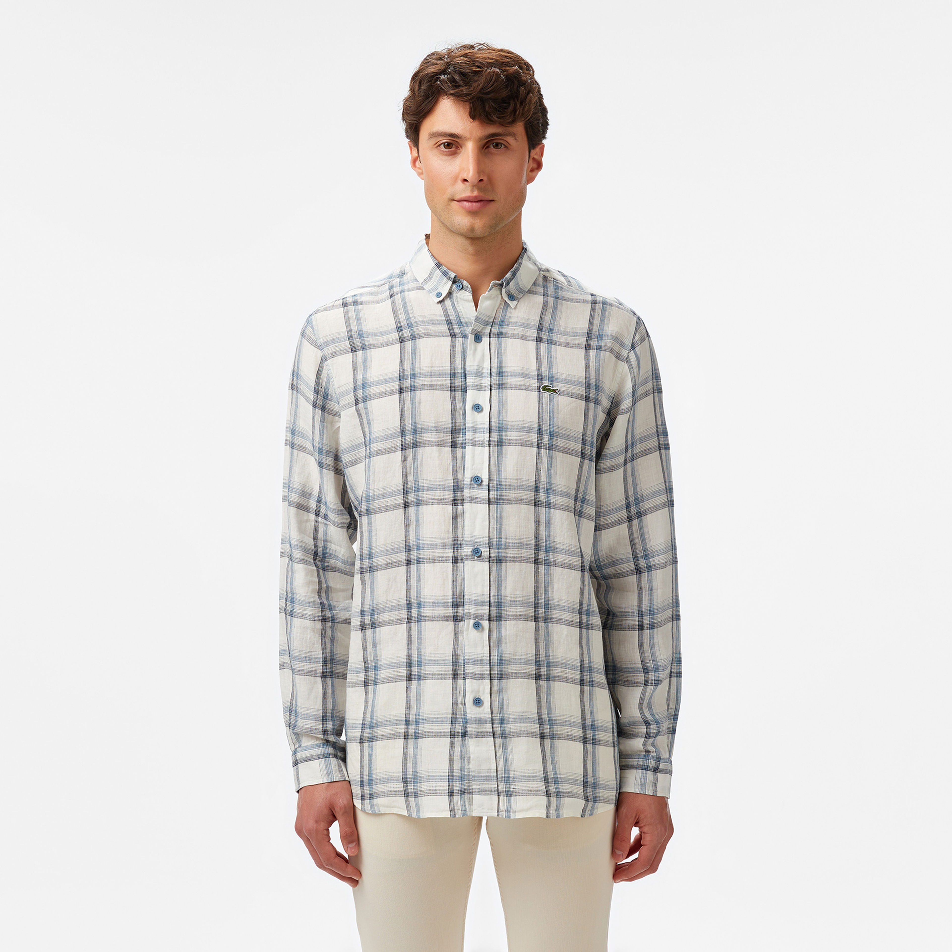 Lacoste Erkek Regular Fit Ekose Keten Koyu Mavi Gömlek