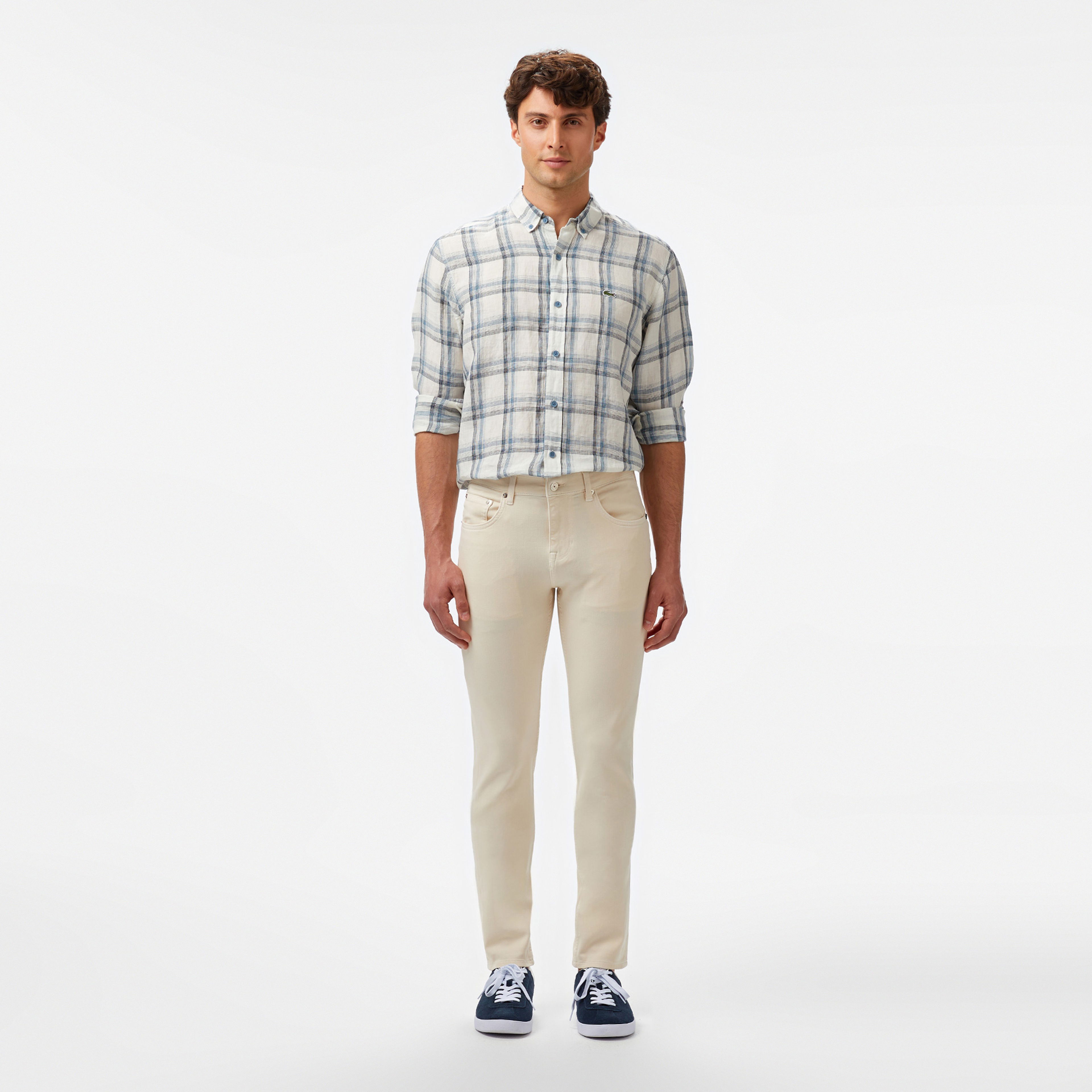 Lacoste Erkek Regular Fit Ekose Keten Koyu Mavi Gömlek