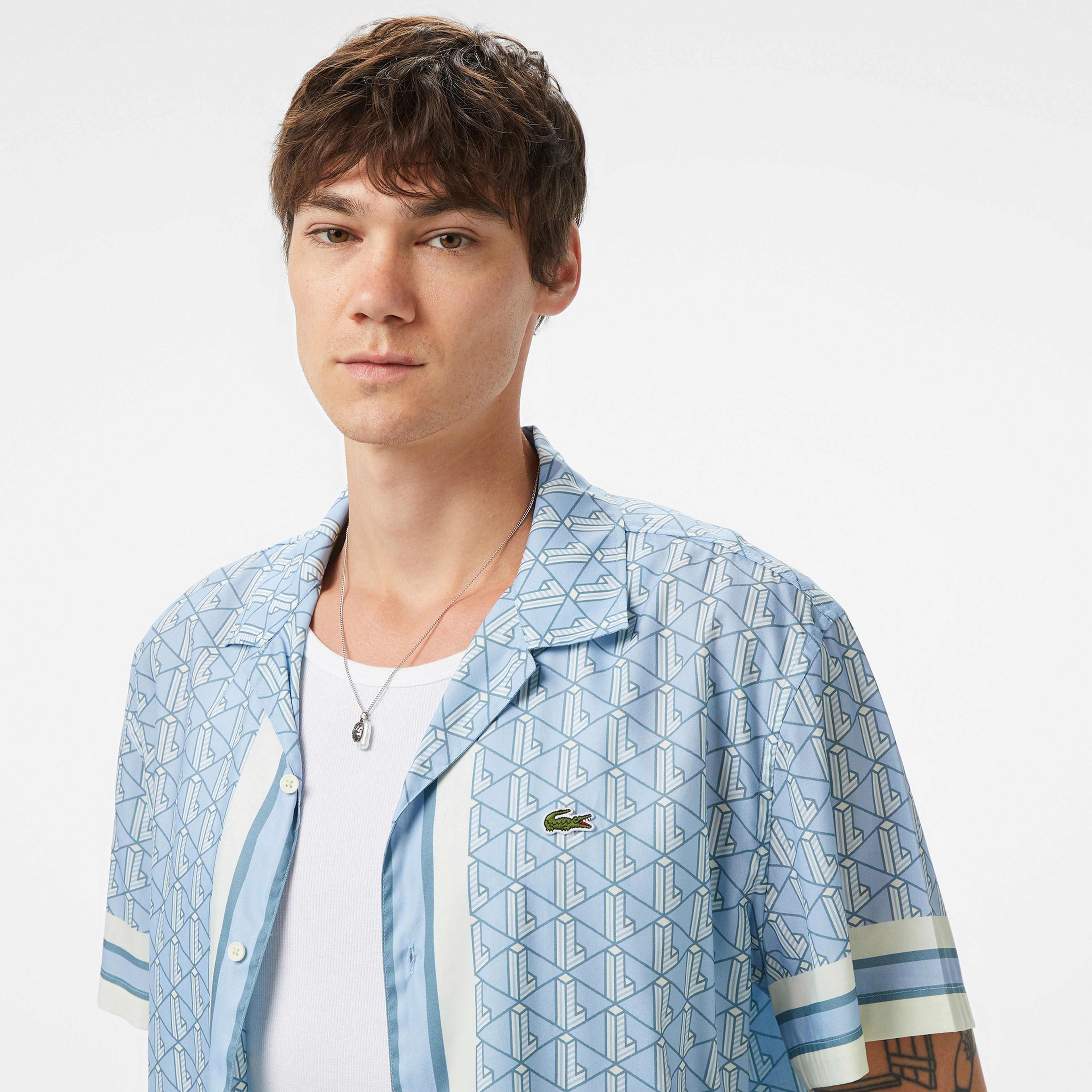 Lacoste Monogram Relaxed Fit Erkek Mavi Gömlek