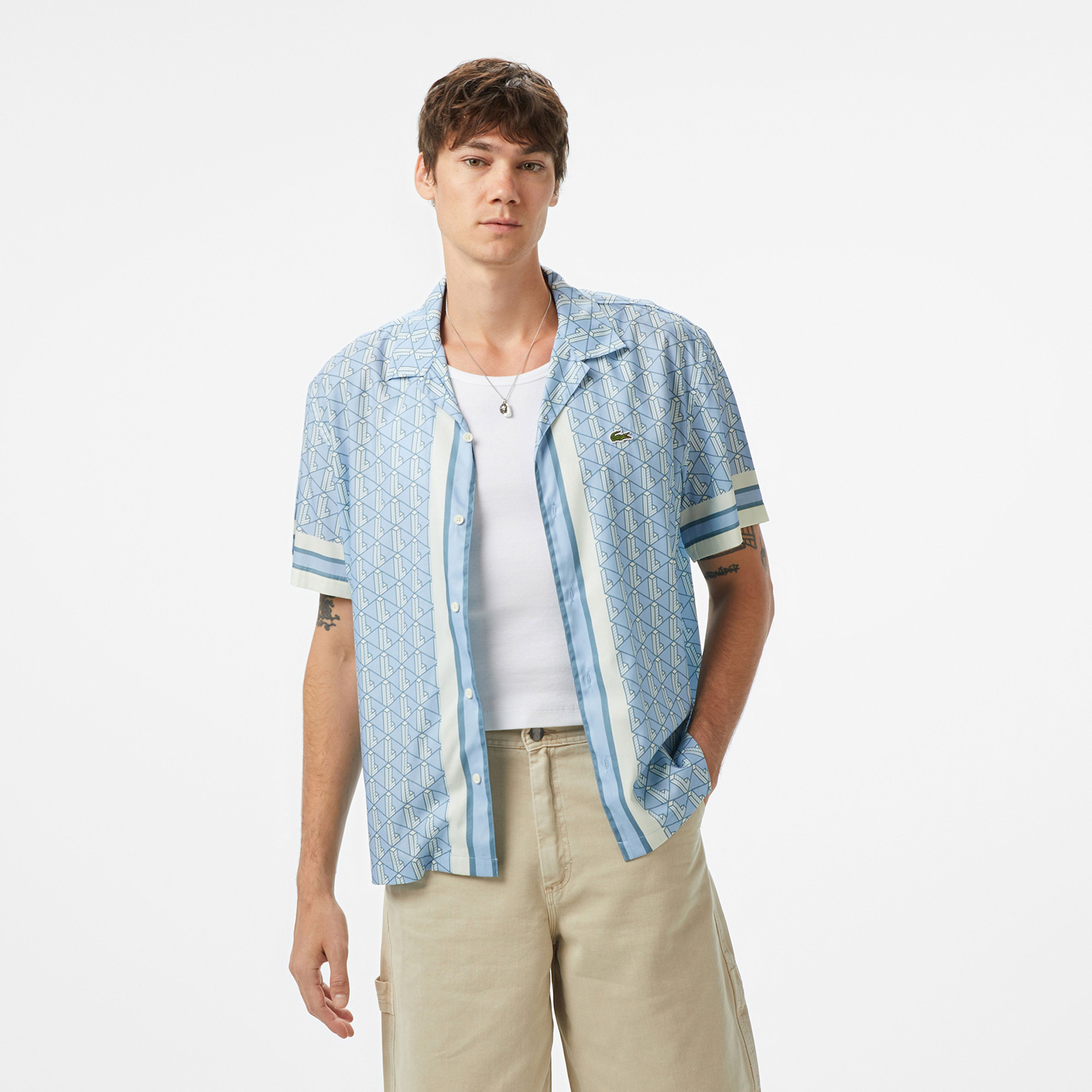 Lacoste Monogram Relaxed Fit Erkek Mavi Gömlek